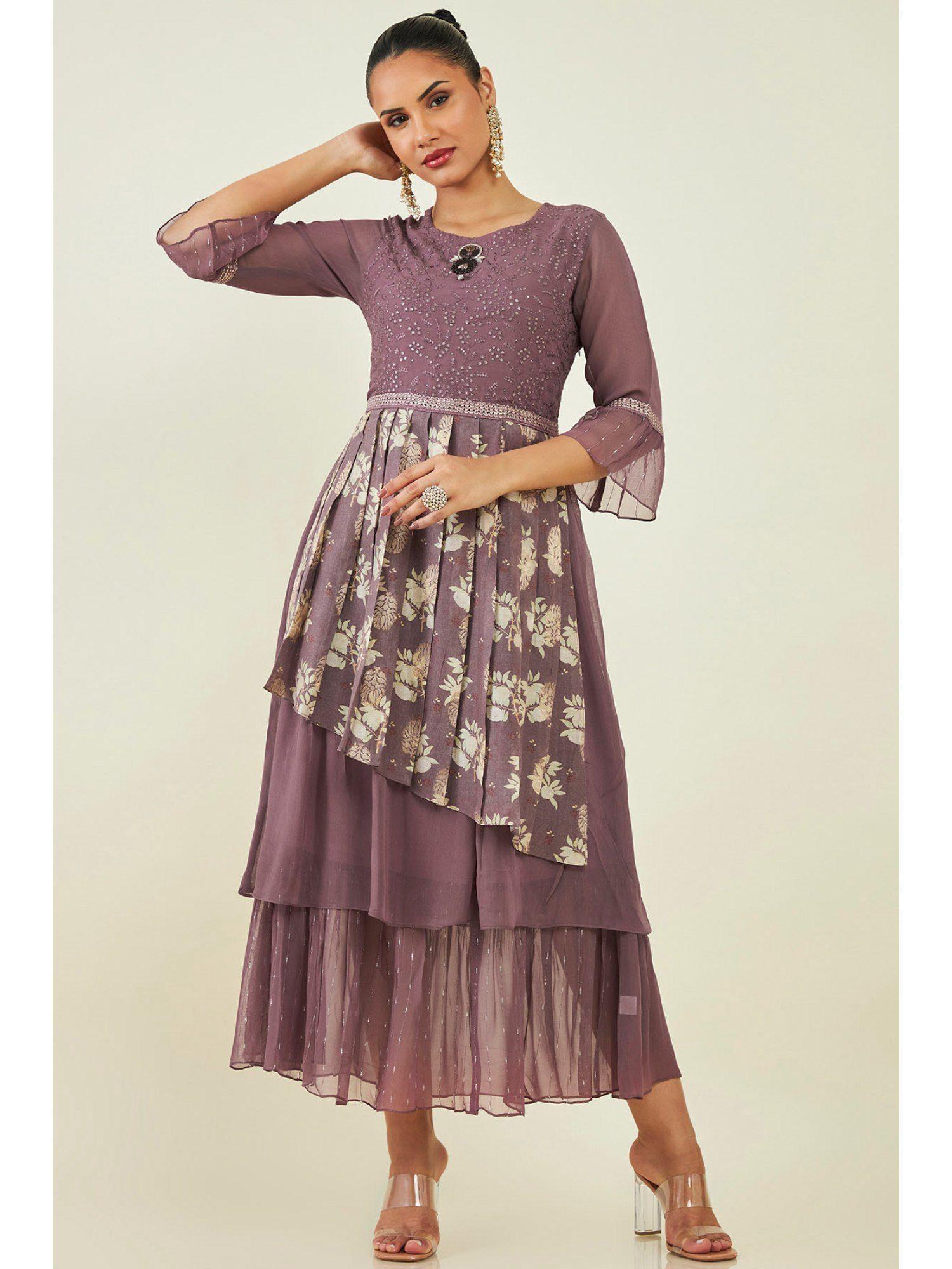 women mauve georgette embroidered dress