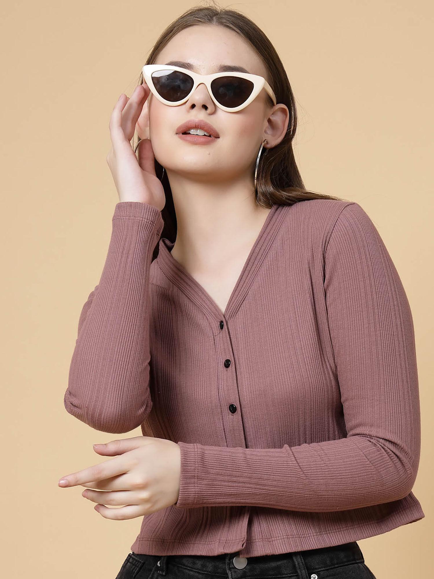 women mauve rib cardigan