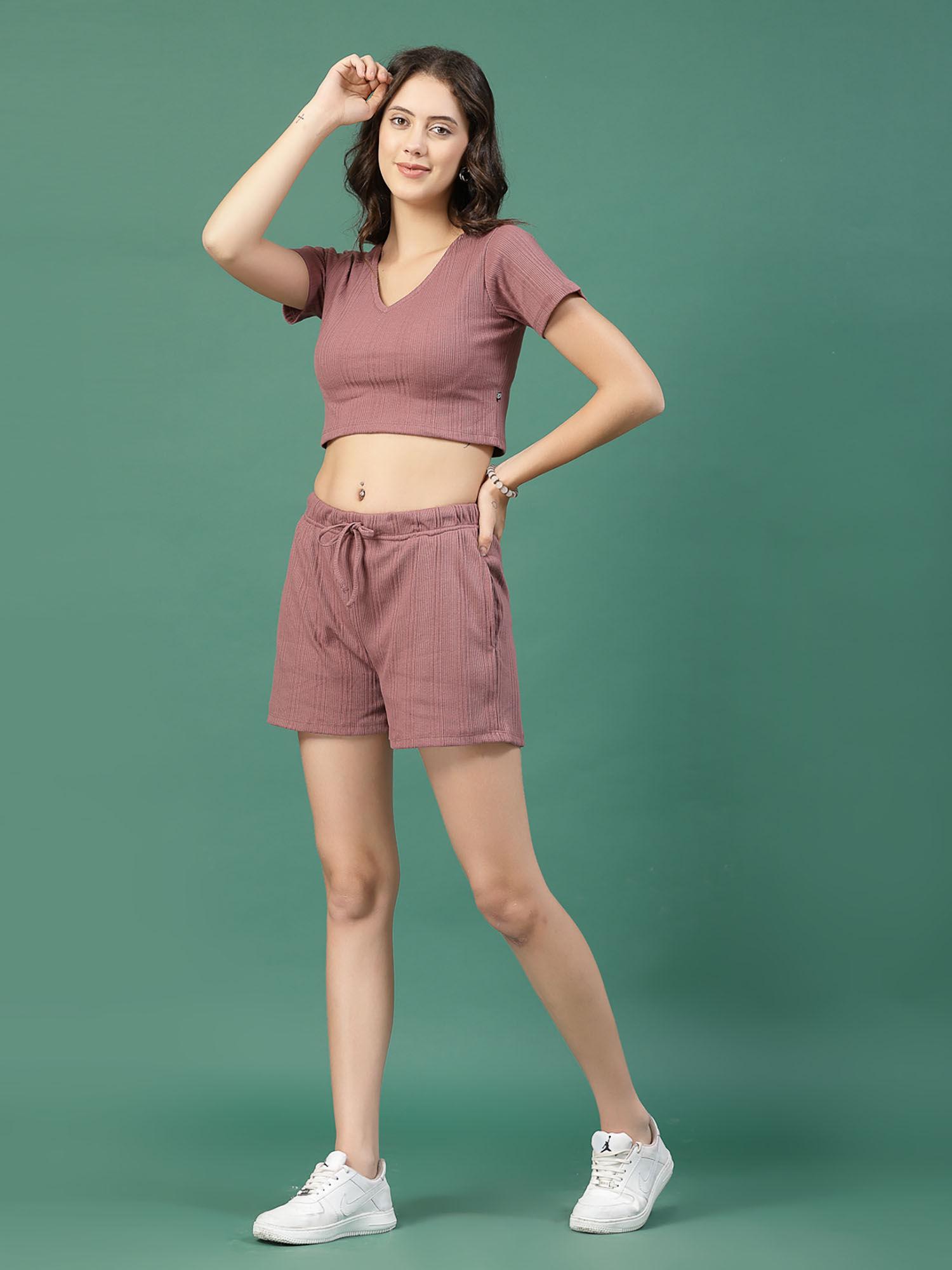 women mauve rib knit top and shorts (set of 2)