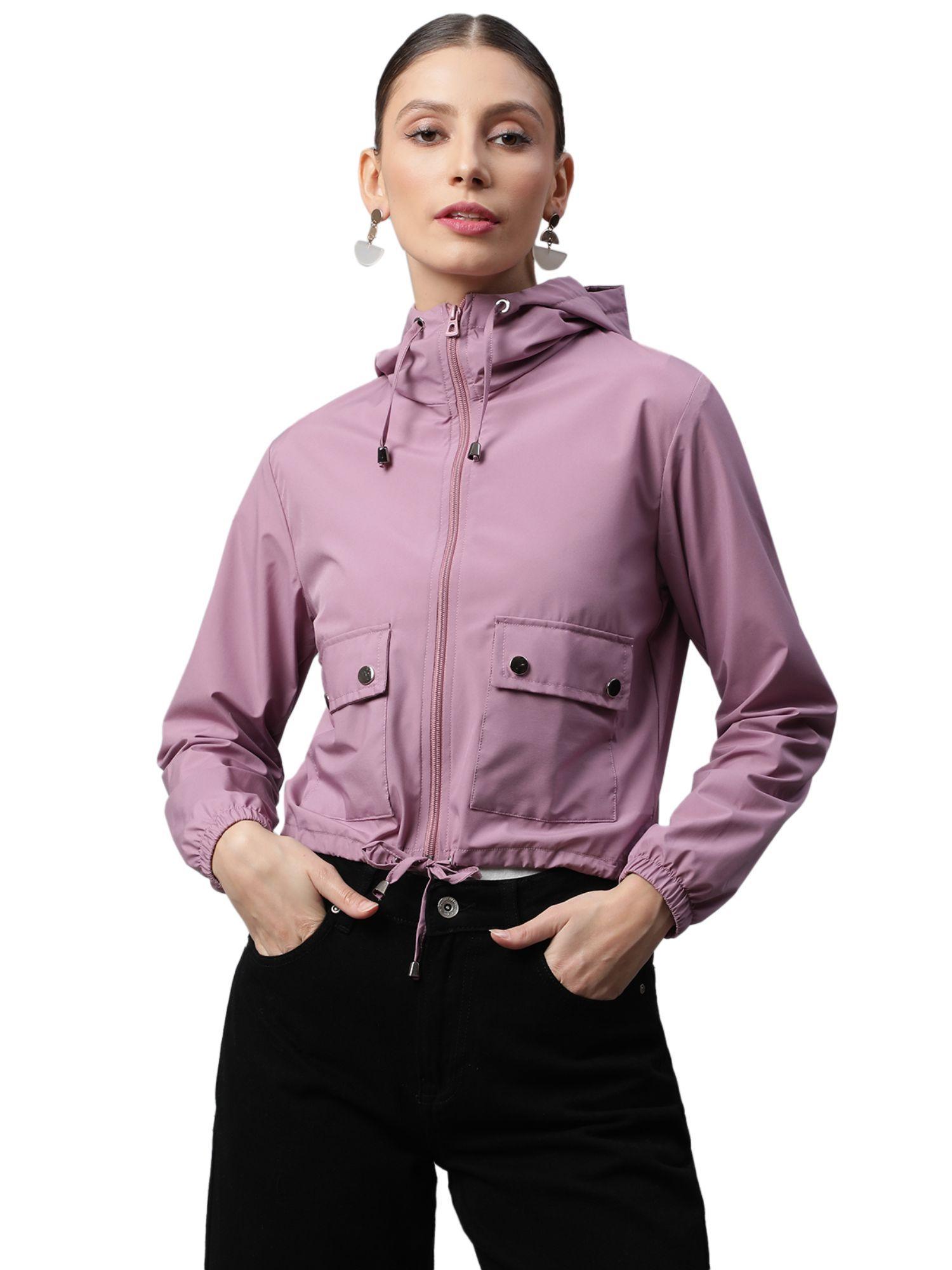 women mauve street style hooded crop jacket