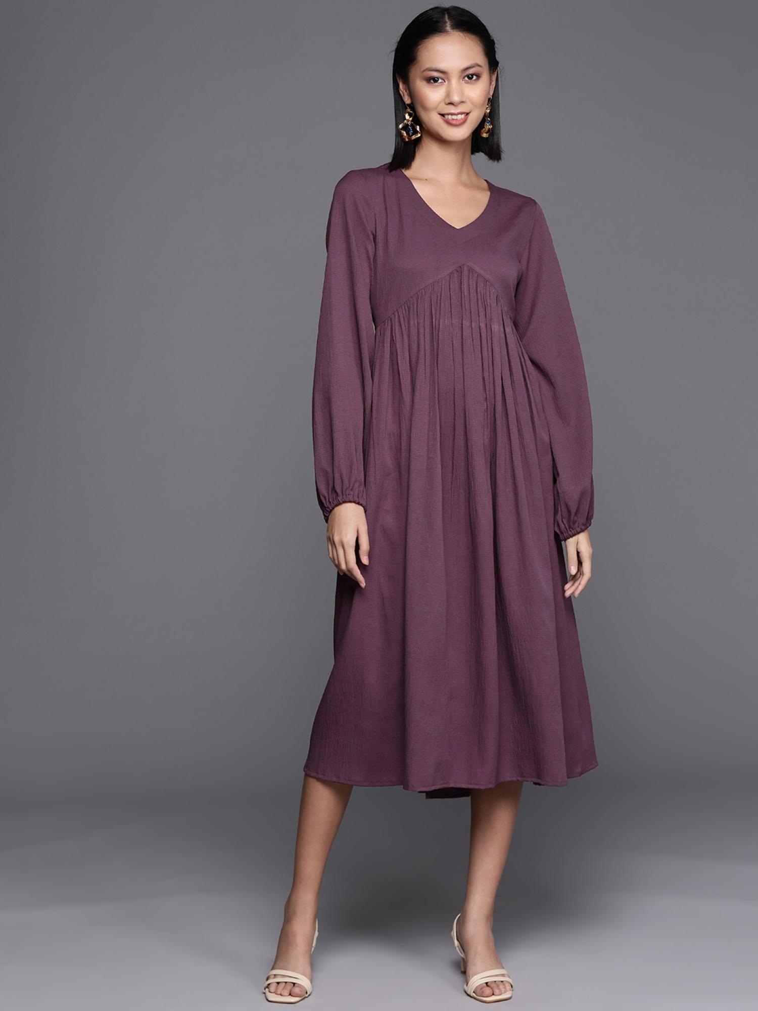 women mauve v-neck bishop sleeves gathered details calf length a-line dress flared hem