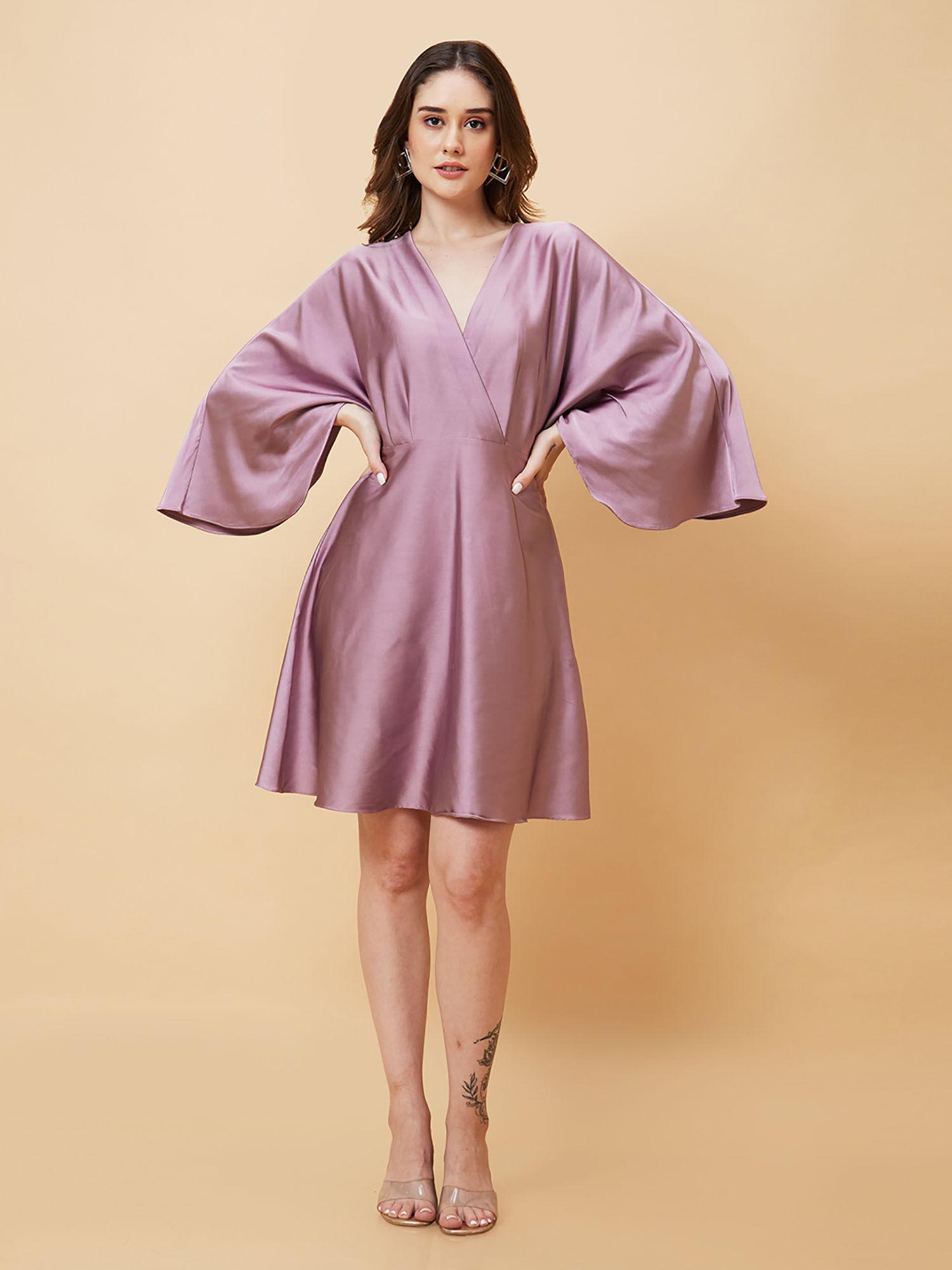 women mauve v-neck flared sleeves a-line party dress