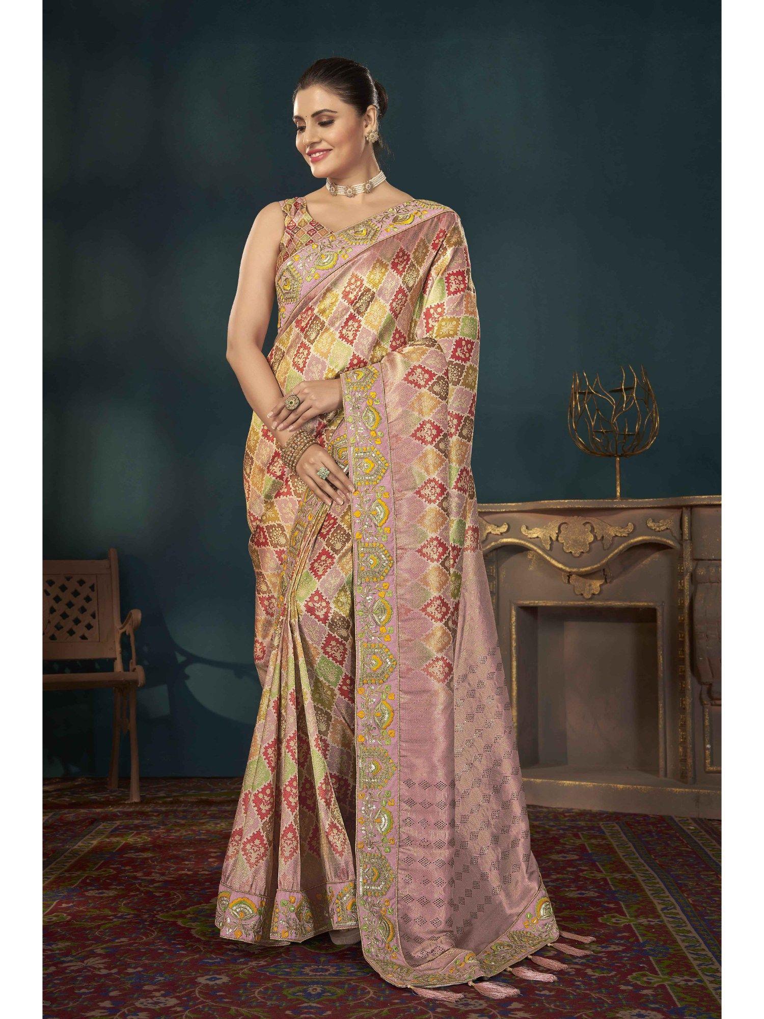 women mauve woven embroidered work banarasi saree with unstitched blouse