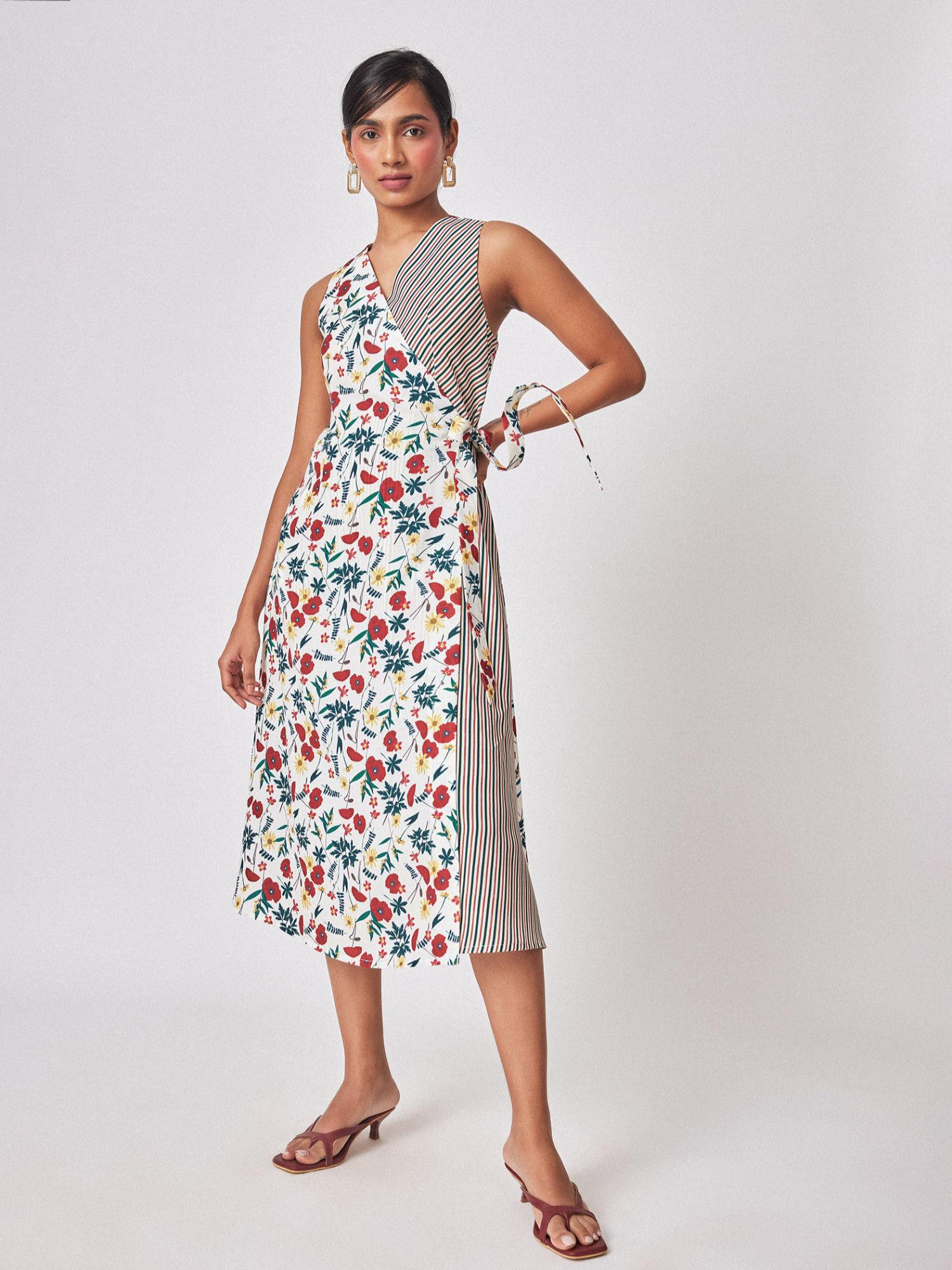 women meadow print stripe detail wrap dress