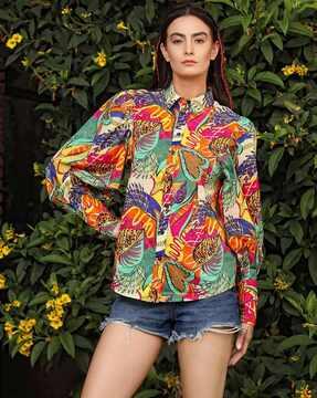 women medellin leaf print relaxed fit shirt