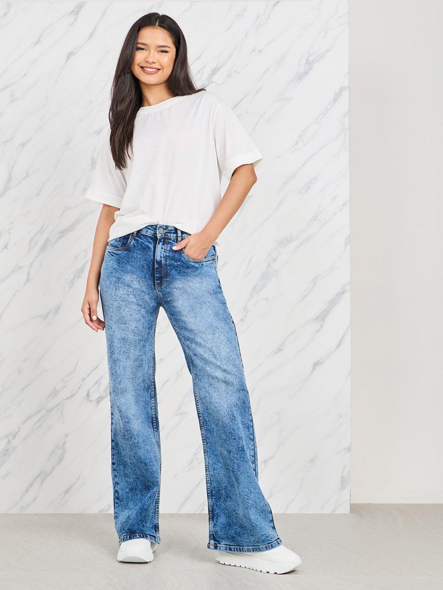 women medium blue wide flare & fit denim jeans cotton