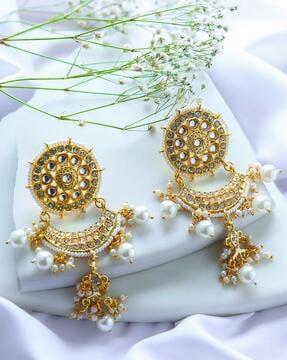 women meenakari chandbali earrings with pearl drop