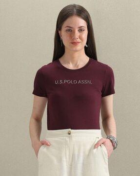 women metallic brand embossed regular fit round-neck t-shirt