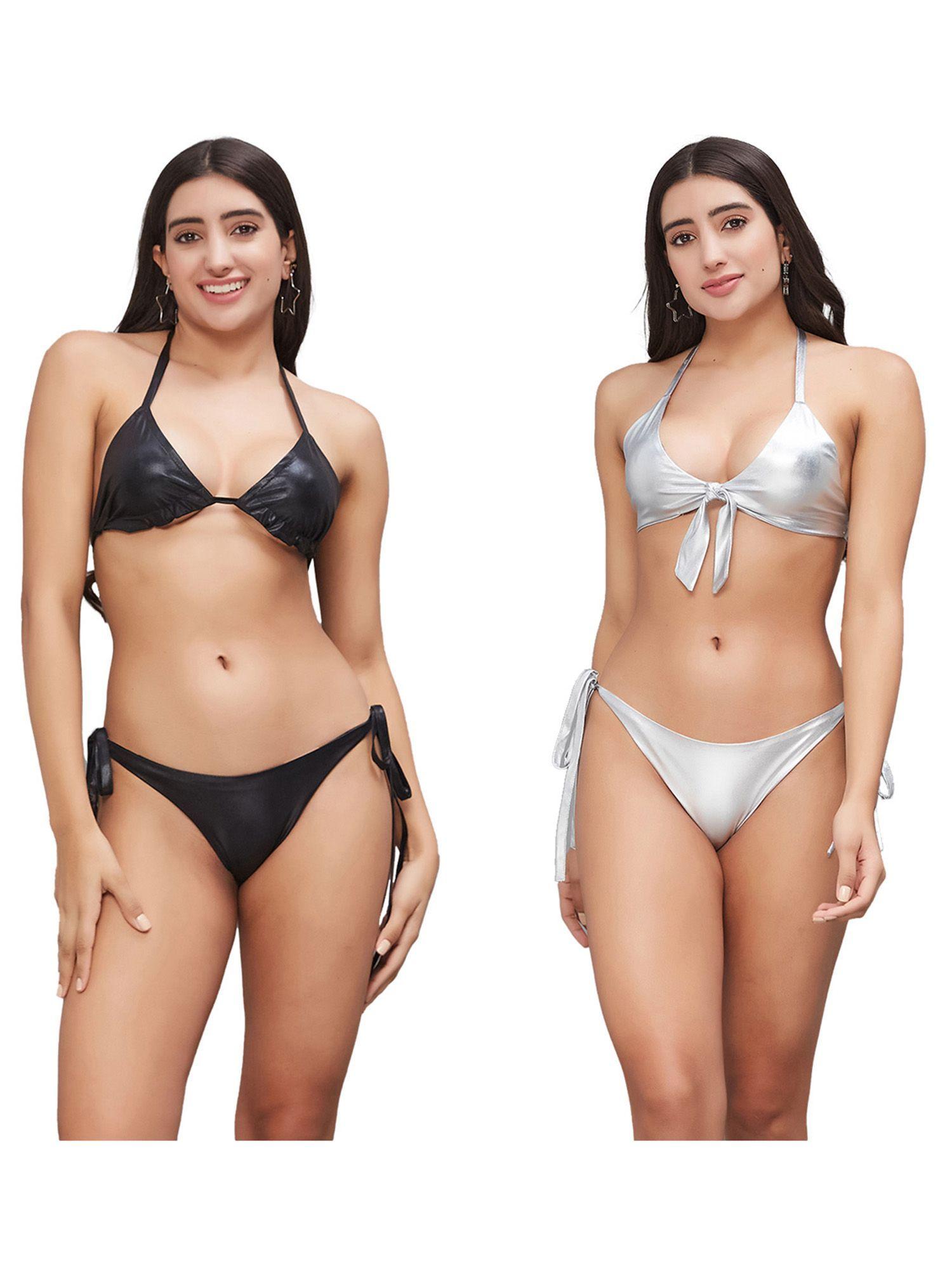 women metallic halter beach wear bikini & bra (pack of 2)