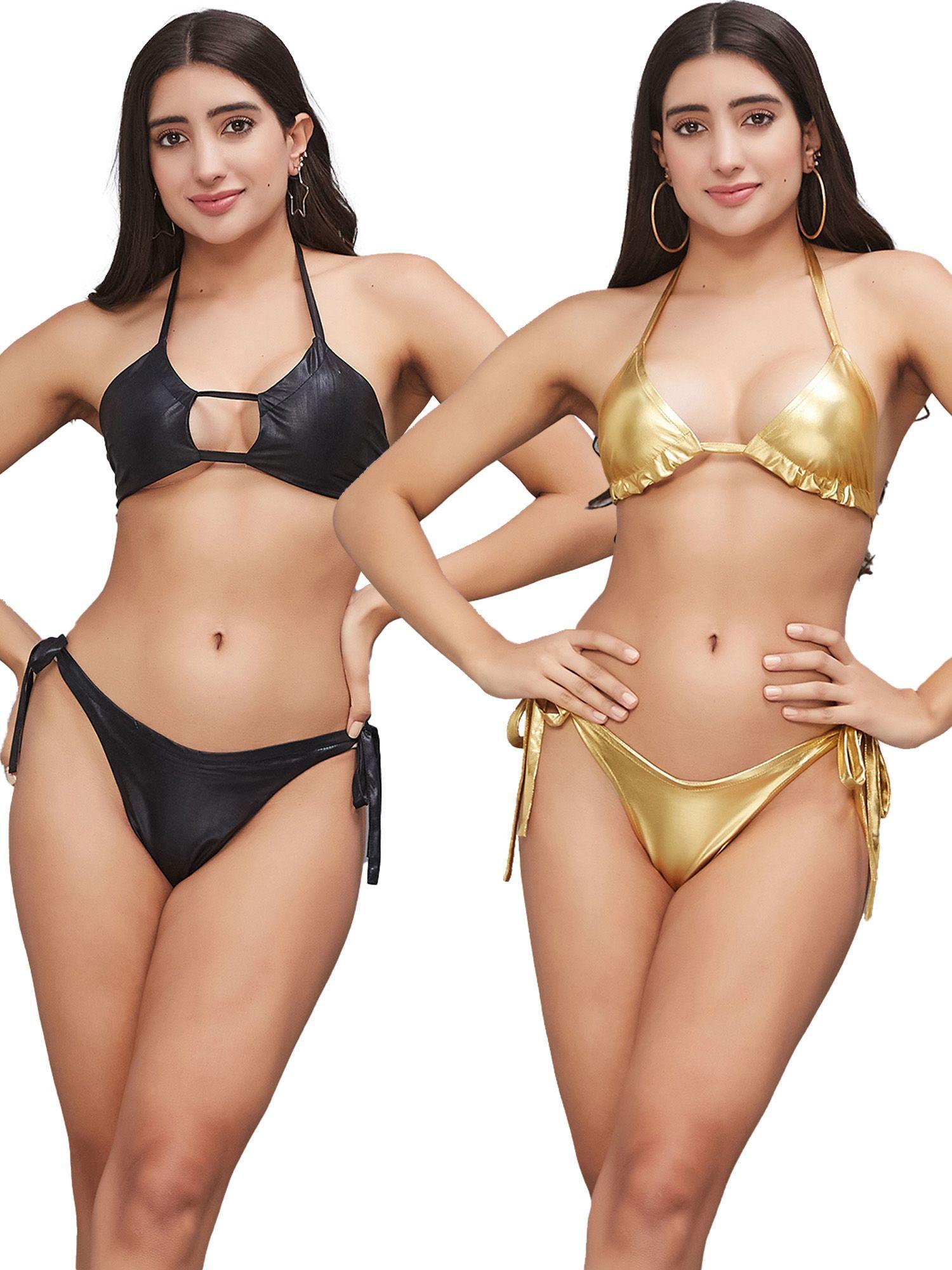 women metallic halter beach wear bikini & bra (pack of 2)