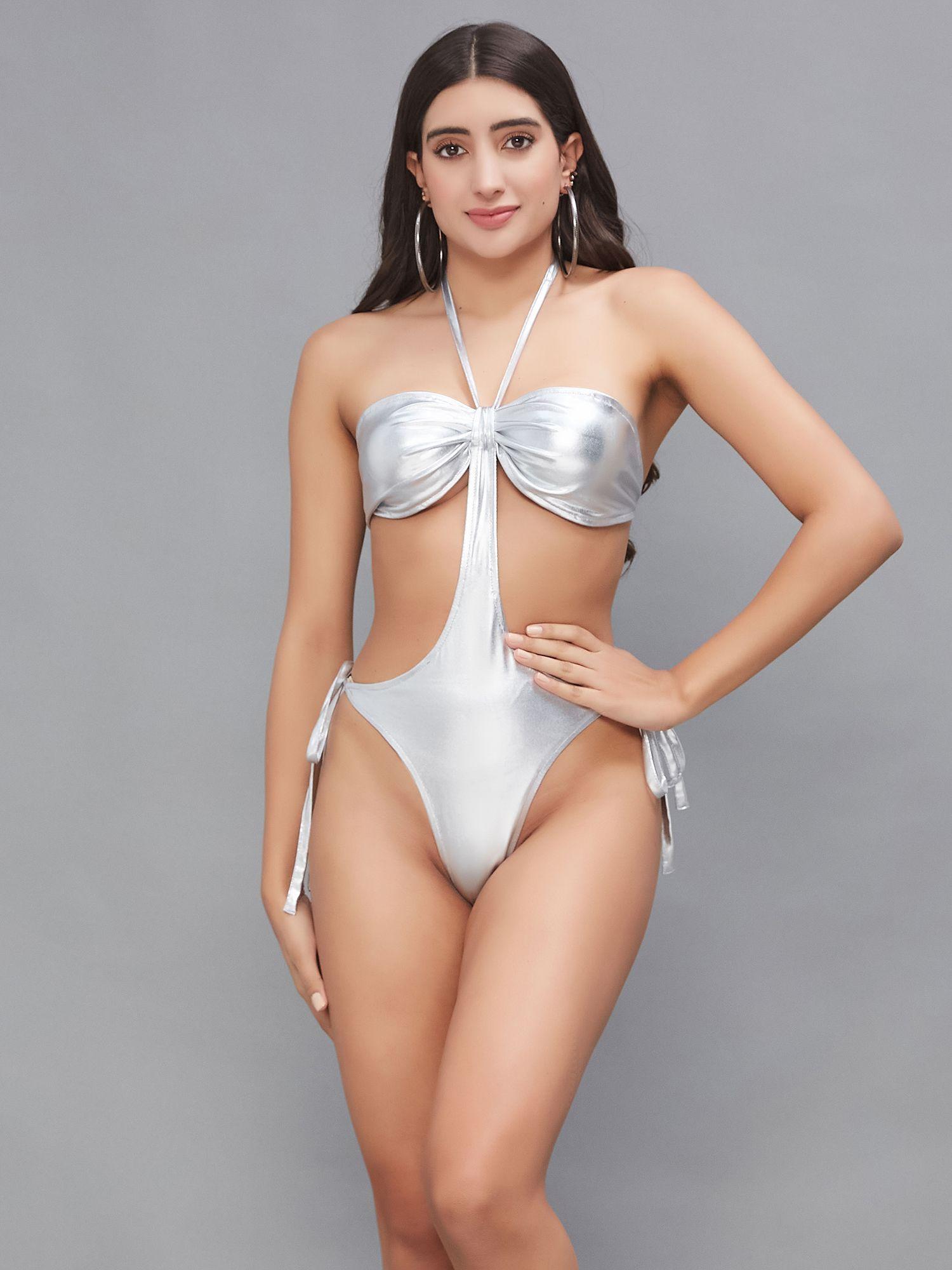 women metallic halter beach wear swim bodysuit