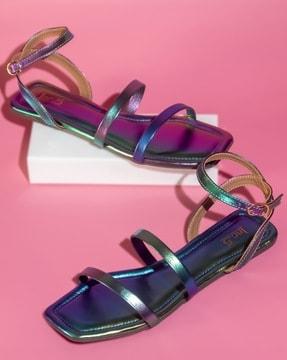 women metallic strappy slip-on sandals