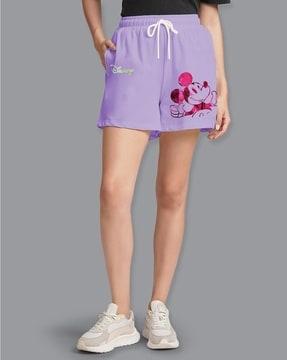 women mickey mouse print mid-rise shorts