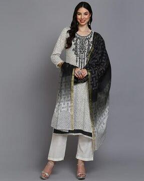 women micro print a-line kurta with pants & dupatta