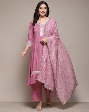 women micro print flared kurta set with dupatta