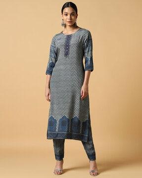 women micro print straight kurta & pants with dupatta