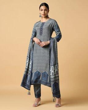 women micro print straight kurta & pants with dupatta