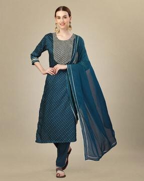 women micro print straight kurta with pants & dupatta