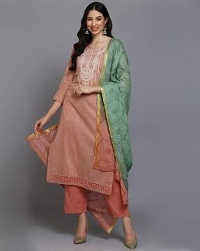 women micro print straight kurta with pants & dupatta