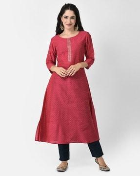 women micro print straight kurta