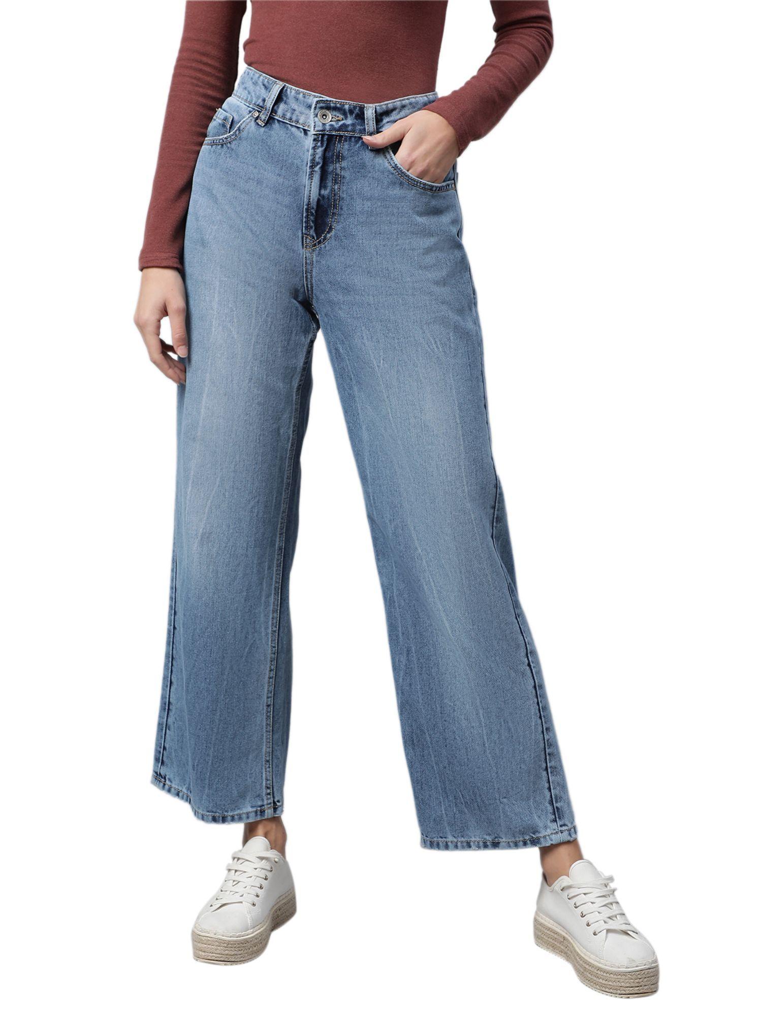 women mid blue ankle length straight leg low rise jeans