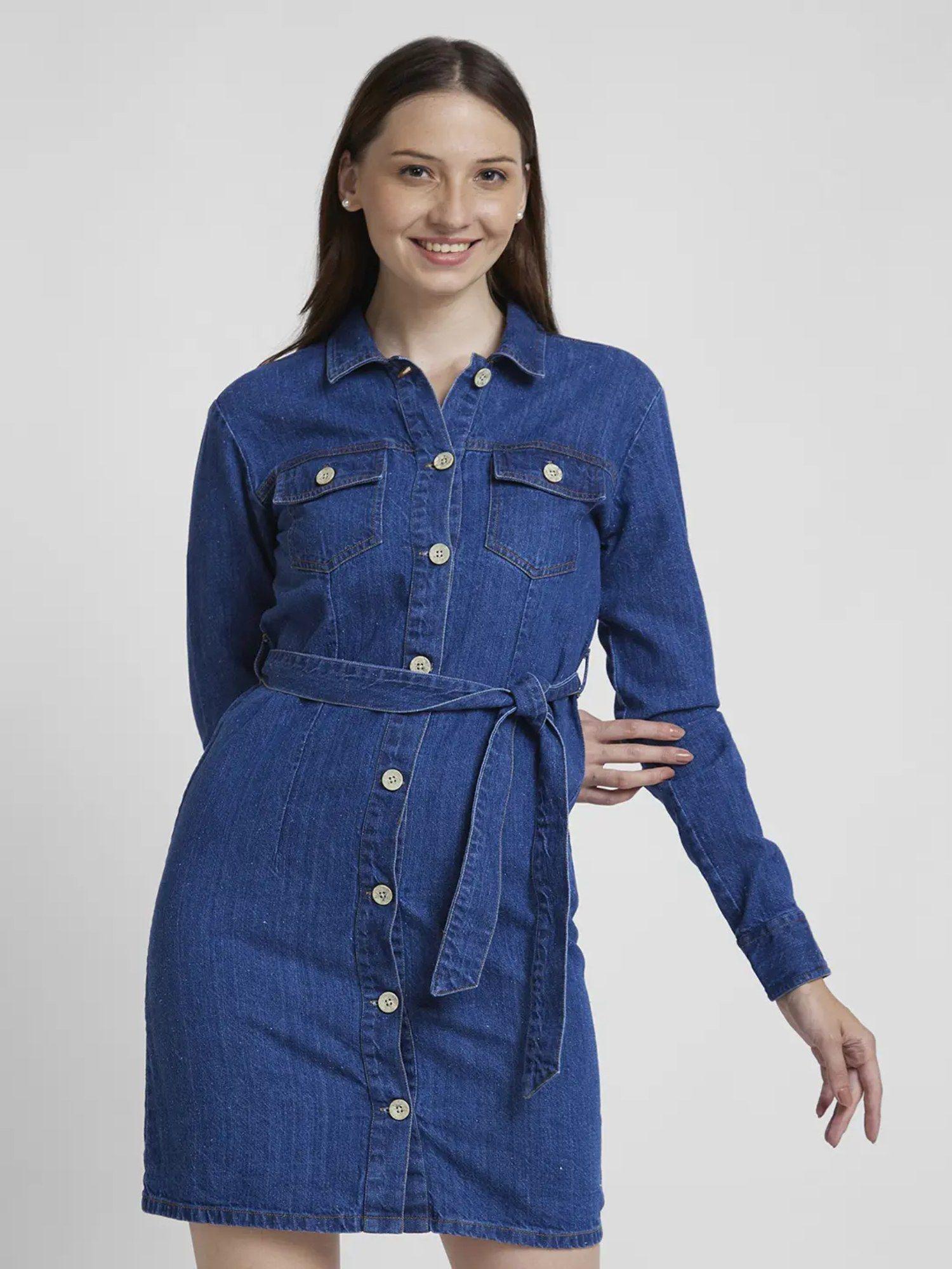 women mid blue cotton regular fit classic collar mini denim dress (set of 2)