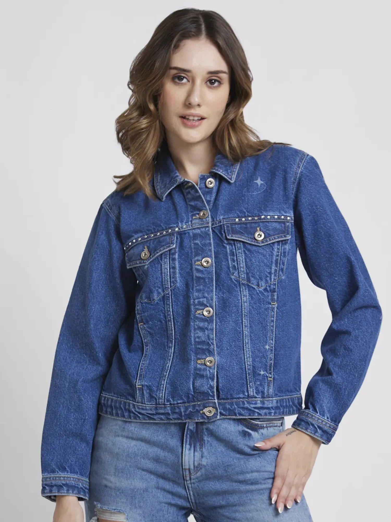 women mid blue regular fit classic collar denim jacket