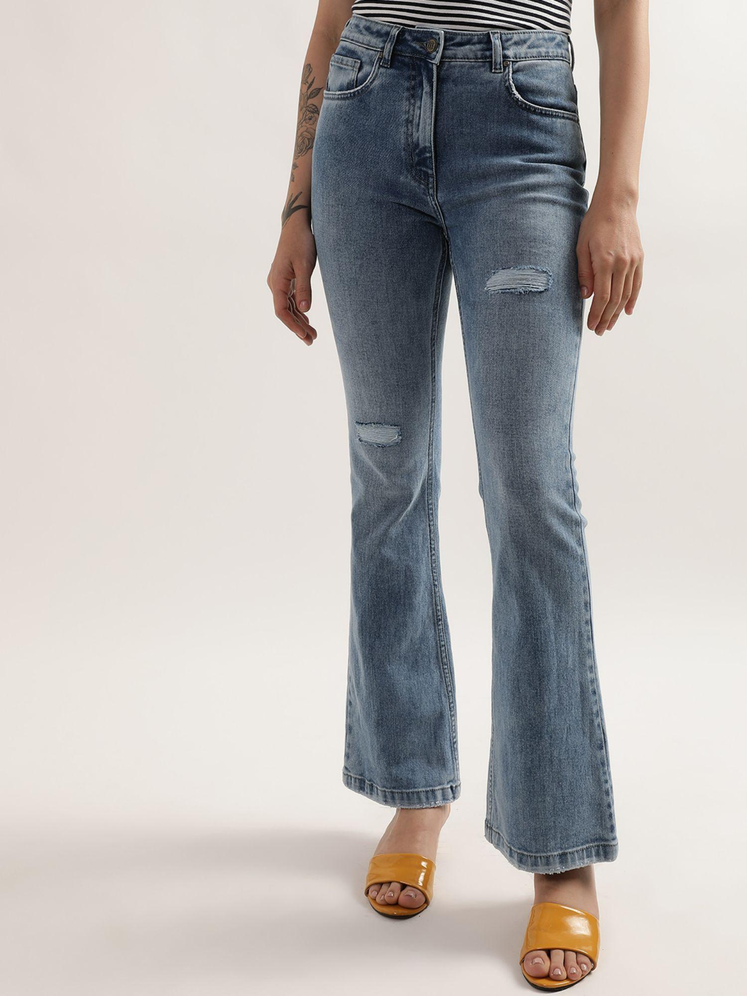 women mid blue solid jeans