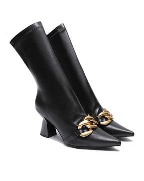 women mid-calf boots with metal accent