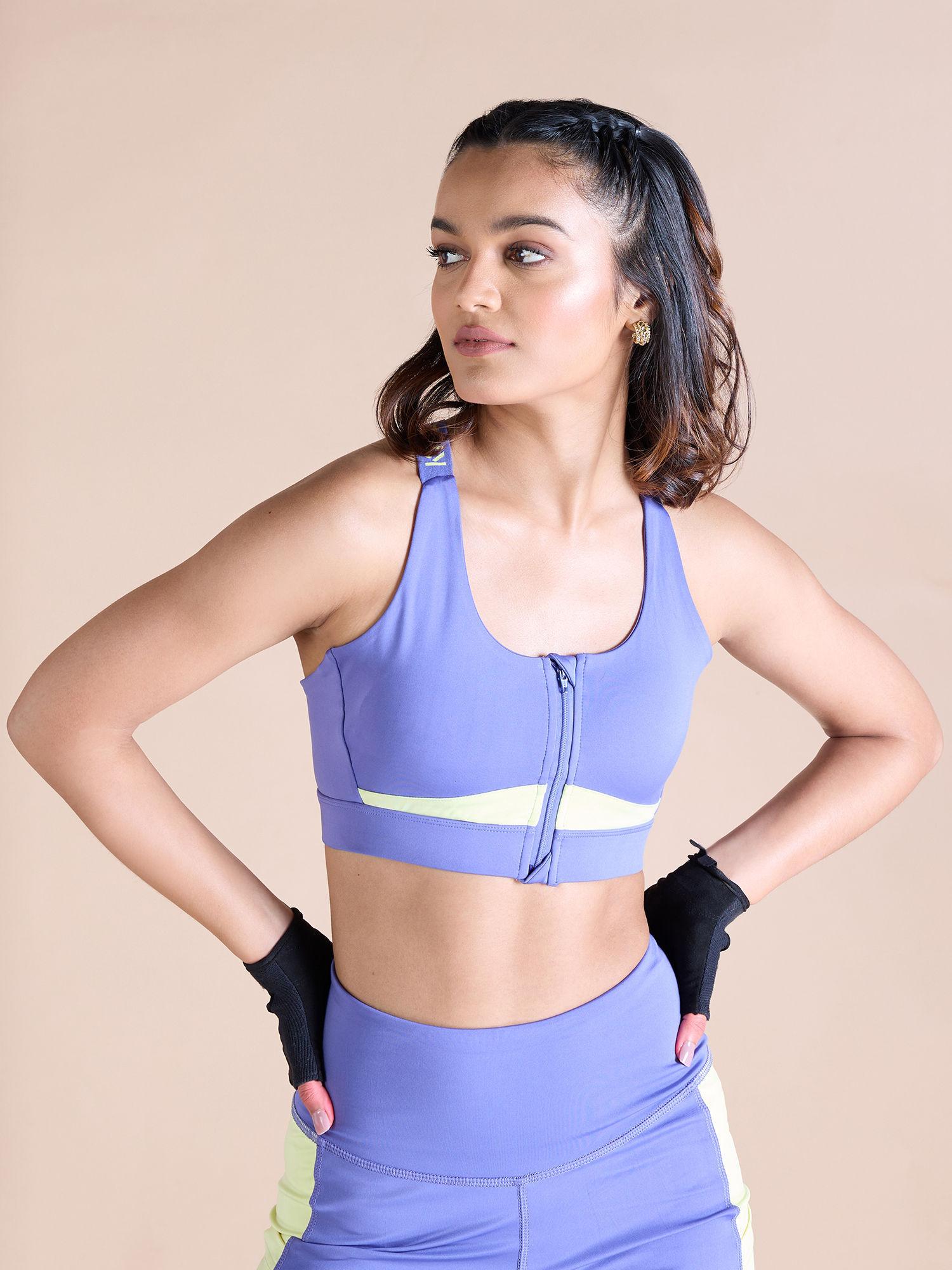 women mid impact zip sports bra with removable pads