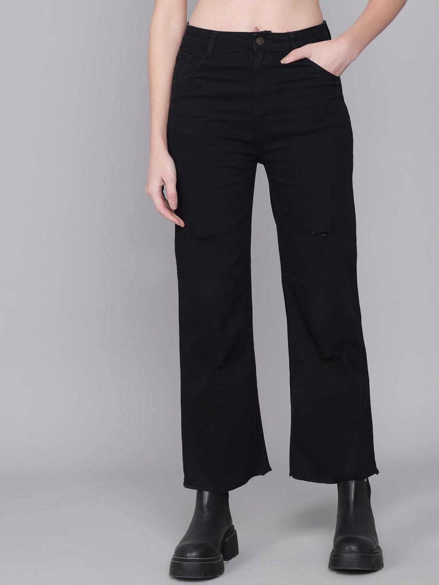 women mid rise cotton lycra jet black distress jeans