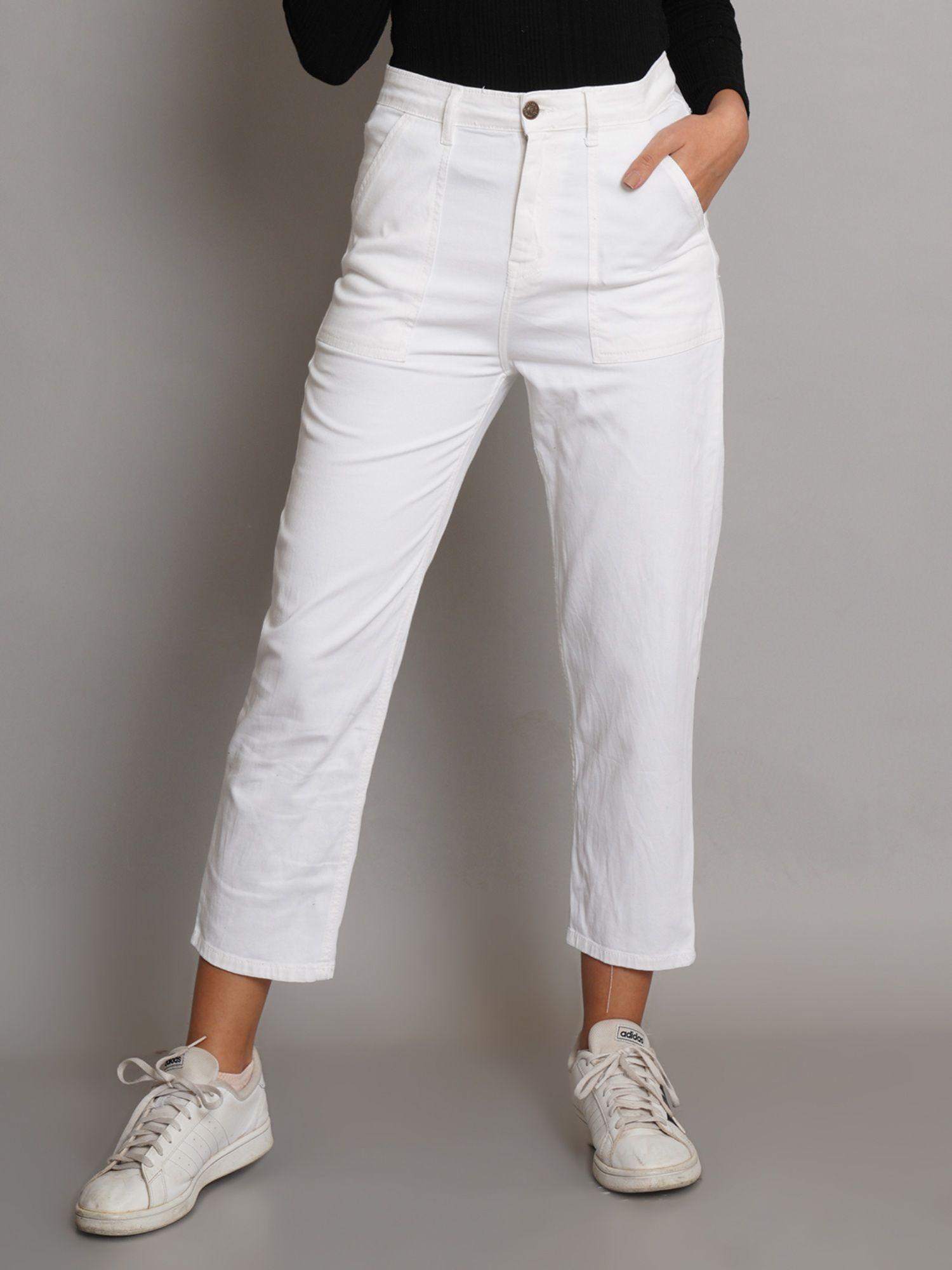 women mid rise cotton lycra regular fit solid jeans off white