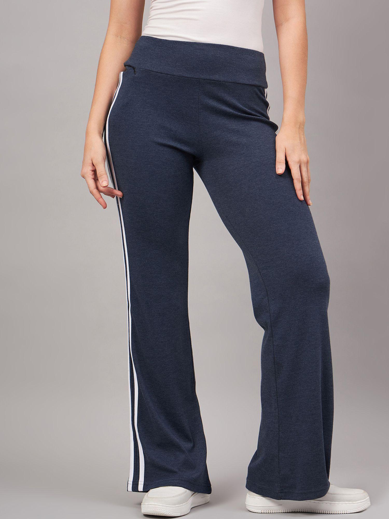 women mid rise flared pure cotton blue track pant