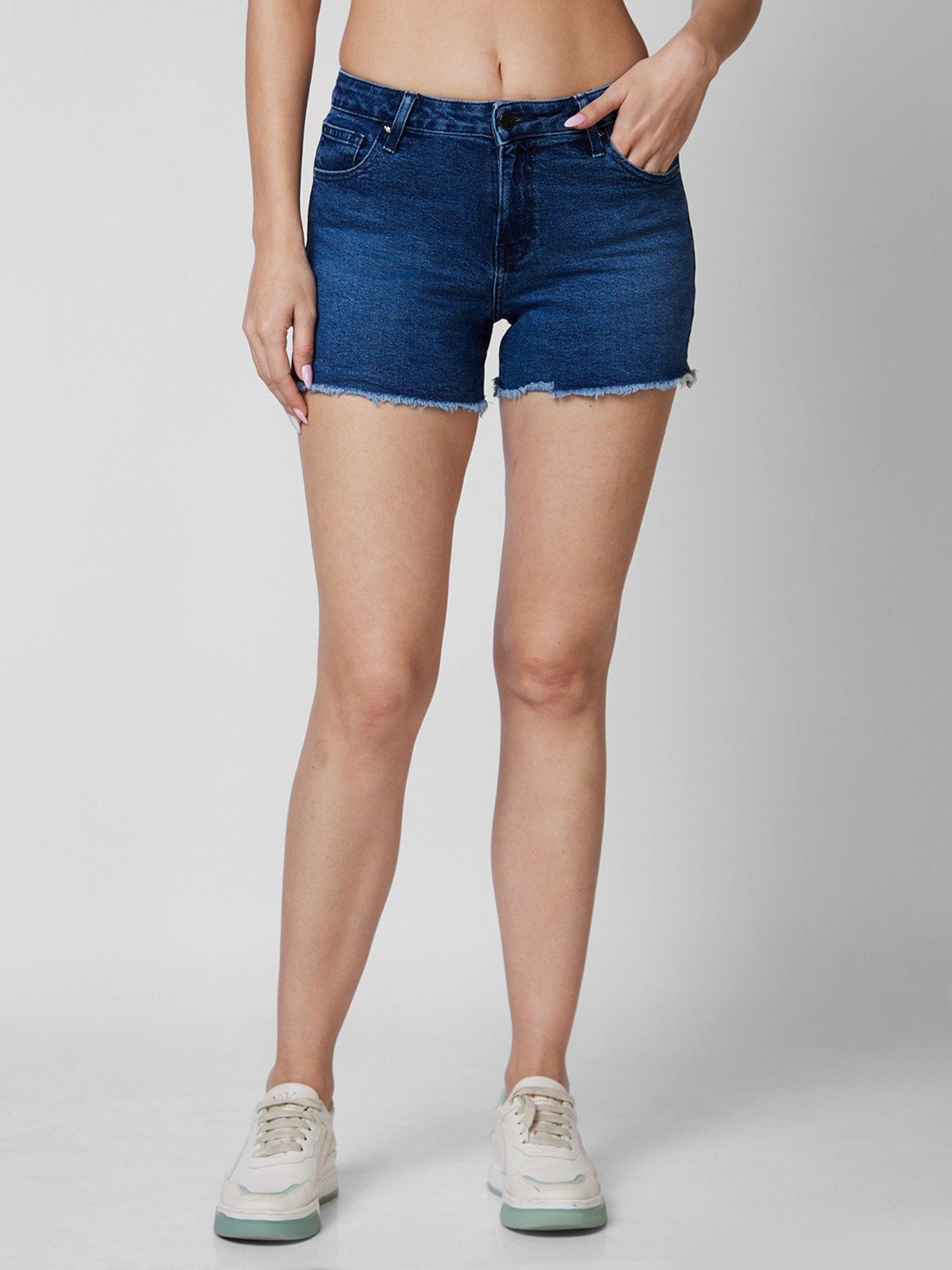 women mid rise navy blue shorts