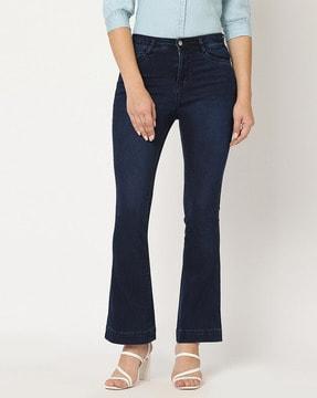women mid-wash flared jeans