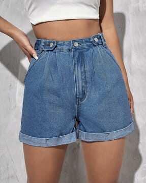 women mid-wash high-rise denim shorts