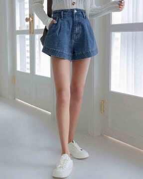 women mid-wash high-rise denim shorts