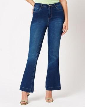 women mid-wash high-rise flared jeans