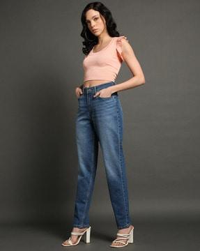 women mid-wash high-rise loose tapered fit jeans