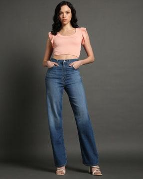 women mid-wash high rise ribcage straight fit jeans