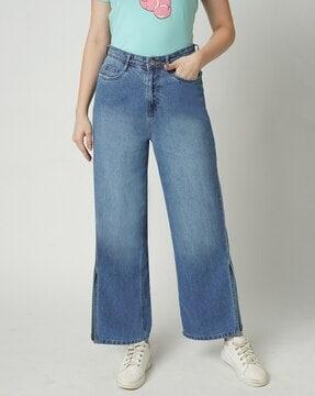 women mid-wash high-rise wide-leg jeans