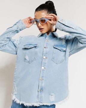 women mid-wash oversized distressed denim shacket