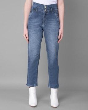 women mid-wash relaxed fit jeans