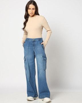 women mid-wash relaxed fit parachute jeans