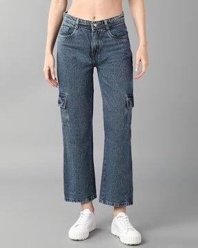 women mid-wash relaxed jeans