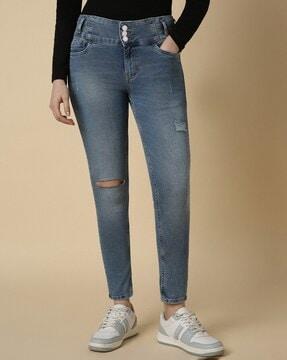 women mid-wash skinny fit distressed jeans