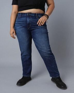 women mid-wash straight fit jeans