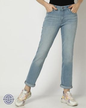 women mid-wash straight fit jeans