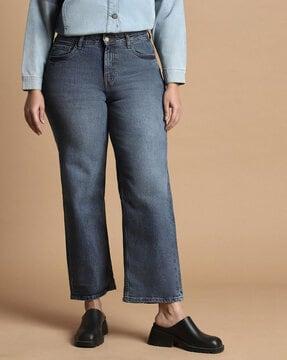 women mid-wash straight fit jeans