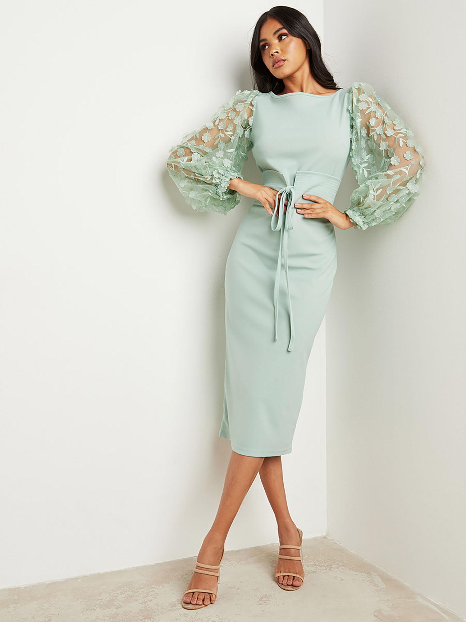 women midi dress with belt green